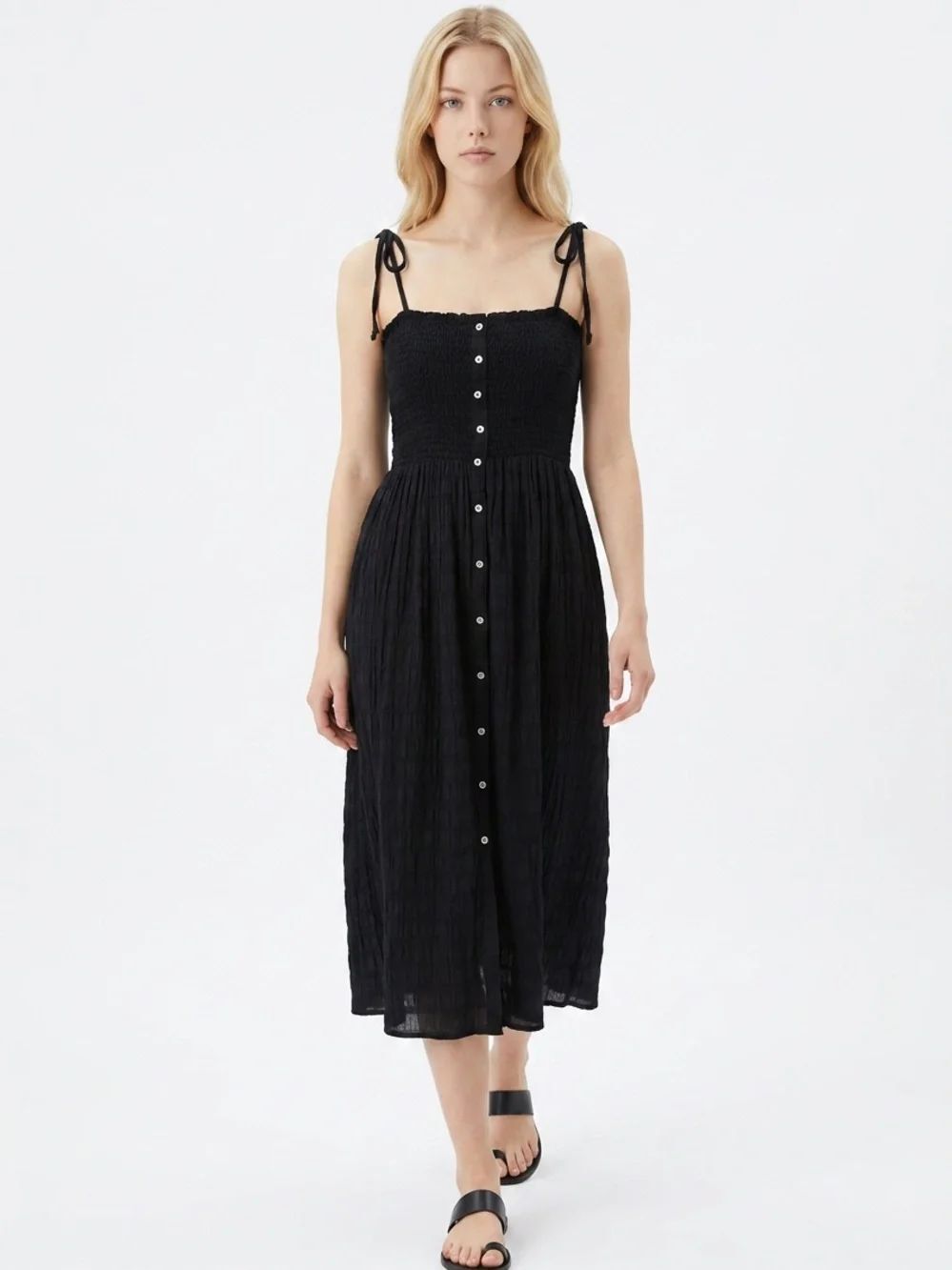 AERIE | Black Tie-Shoulder Smocked Cotton Midi Dress Women’s Size Small